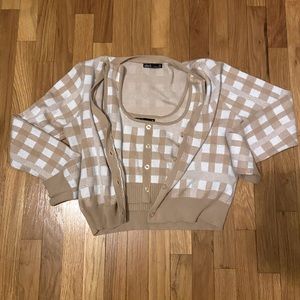 Gingham Pattern Button Front Cardigan & Knit Top Set✨